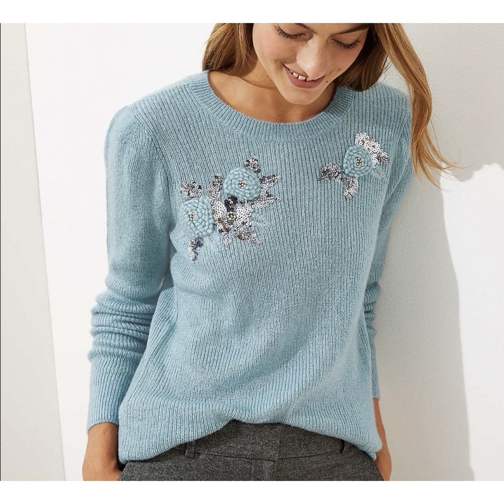 Ann Taylor Loft Blue Sweater Bejeweled Flower Pullover Long Sleeve Small NWOT